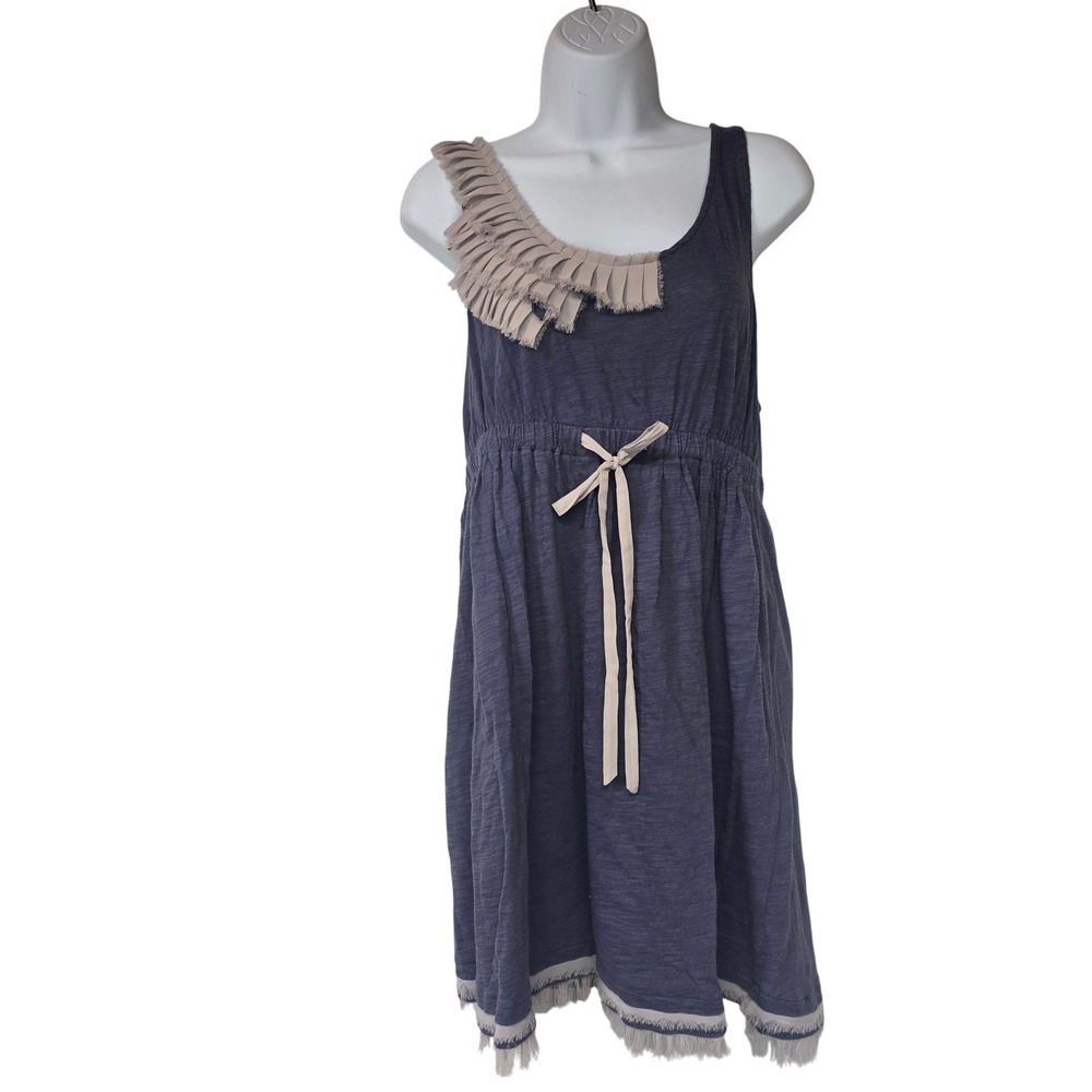 Eloise Anthropologie Blue Slub Knit Ruffle Dress‎ Drawstring Waist Boho Large